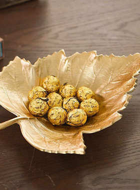 进口铝制金属树叶船型灰金长条果盘插花器摆件现代新中式玄关装饰