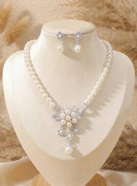 法式复古珍珠花朵项链耳环套装欧美跨境热卖女饰品新娘礼服配饰