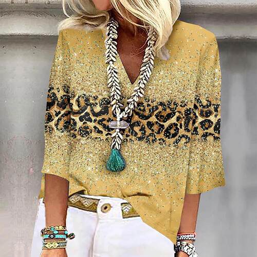 Women's printed collar pullover T-shirt with three quarter - 图0