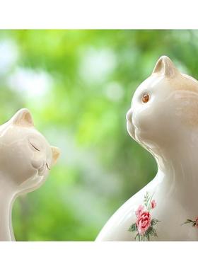 高档玫小瑰镇 特色手工彩绘情侣陶对猫 实用瓷居庭院花园装饰摆家