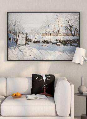 莫奈的雪名画装饰画客厅沙发雪景挂画现代卧室饭厅油画风墙壁画