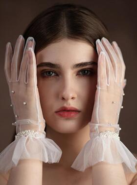 Wedding gloves, lace pearl short wedding dress, banquet