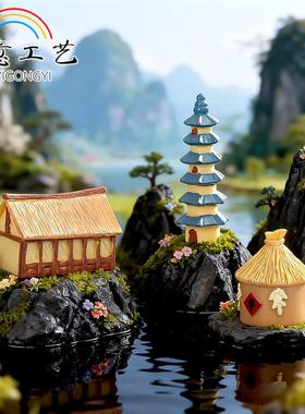 微景观中式复古建筑草房木船宝塔粮仓模型树脂工艺品盆景造景摆件