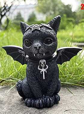 新款直销万圣节跨境魔法猫树脂摆件装饰可爱套装摆件魔法猫羊角翅