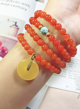 2026川料南红樱桃红玛瑙手链108佛珠多圈款蜜蜡平安扣简单大气手