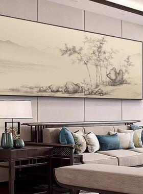 宋式美学竹石装饰画新中式横版挂画客厅茶室酒店办公室背景墙壁画