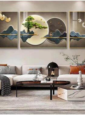 客厅沙发背景墙三联壁画山水画新中式装饰画轻奢高级感迎客松挂画