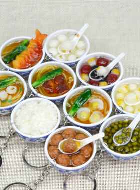 仿真食物挂件 pvc鸡蛋面钥匙扣 大号青花瓷碗面 儿童厨房食玩