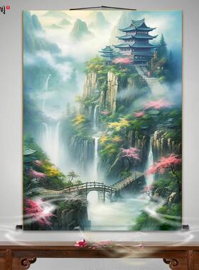 仙家客厅山水画堂仙堂景东北背堂屋风水画风景画口PAG供奉丝绸挂