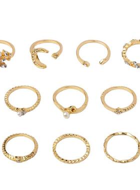 戒指集妇女10件月亮星叶心莱茵石联合戒指集