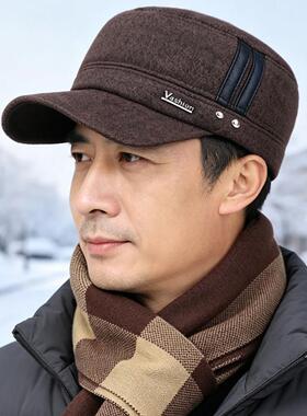 帽暖子男士冬爸爸加绒厚护耳平防顶帽中天老年人H26458爷爷保鸭舌
