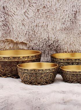 聚盆财摆件宝客D-07029厅前台装饰物创意浮雕碗复古双龙大聚铜盆