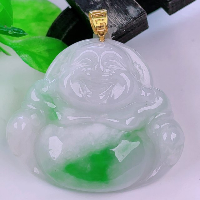 Burmese natural genuine jade genuine 18k gold buckle ice floating green flower high-end flash Buddha jade pendant 7.40g