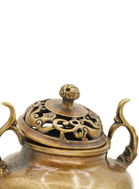 宏达 全黄铜仿古包浆光面三足炉玄关铜香炉礼品摆件