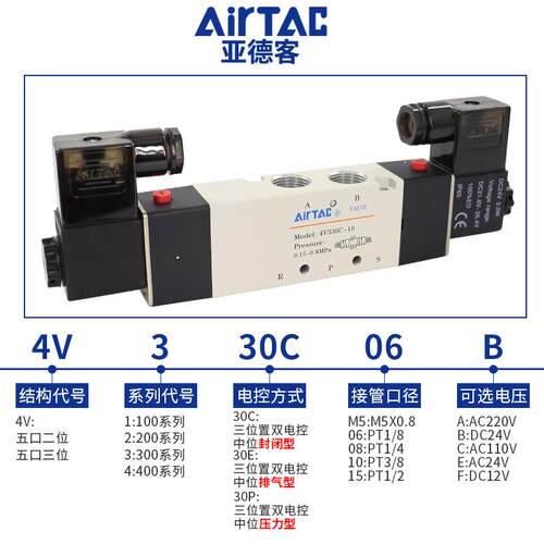 亚德客电磁气阀三位五通4V330C/E/P-10/08 DC24V换向控制阀ac220v - 图0
