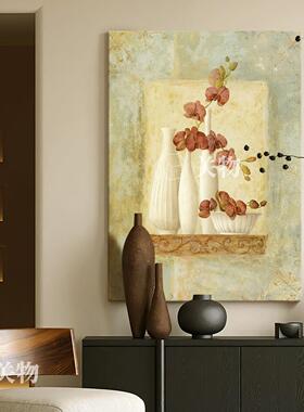 中古风复古白瓶兰花手绘油画花卉客厅装饰画复古入户玄关挂画