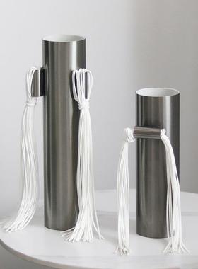 PGV现代奢花高档处皮质流苏器摆件客厅样板房售楼艺术皮革轻花瓶