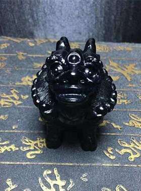 天然材质黑曜石钱币麒麟摆件家居办公生活摆饰雕刻精美栩栩如生