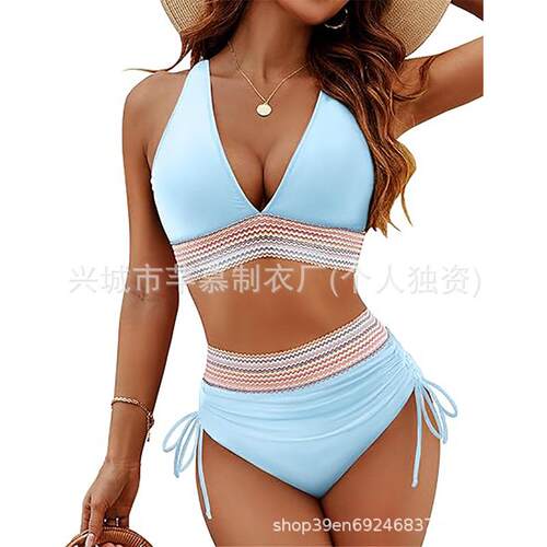 Women Waisted V Neck Bikini Set Tummy Control Swimsuits - 图1