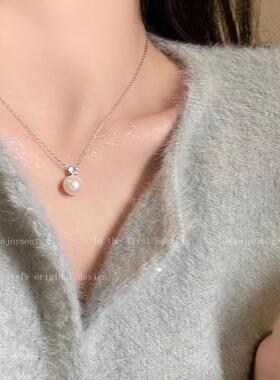 单颗灰色珍珠锆石吊坠项链女秋冬简约小众高级感锁骨链义乌配饰品