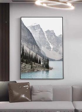 新中式山水湖泊装饰画现代客厅风景山脉大幅壁画入户玄关竖版挂画