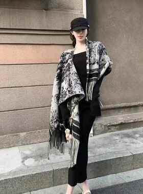 Color Fringe Trim Cape Shawl Casual Versatile Open Front