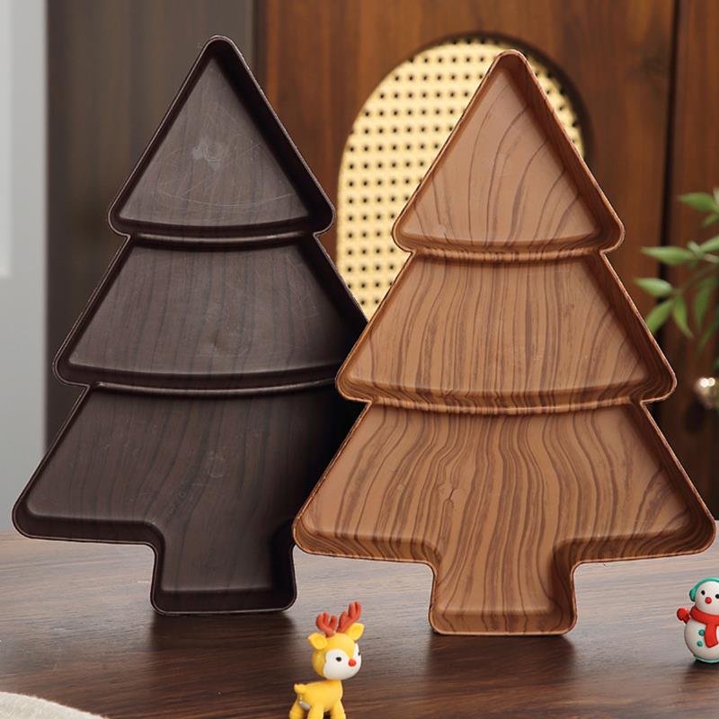 彷木纹干果盘家用塑料圣诞树分格盘创意餐桌摆件小吃零食水果盘子 - 图3