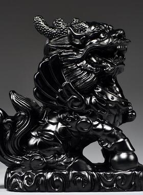 黑色木质水麒麟摆件实木雕刻麒麟木头吉祥物化解装饰木制工艺品