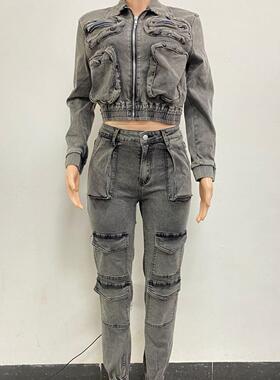 Women'S Clothing Sets Multi Pockets Denim Pants Outfit