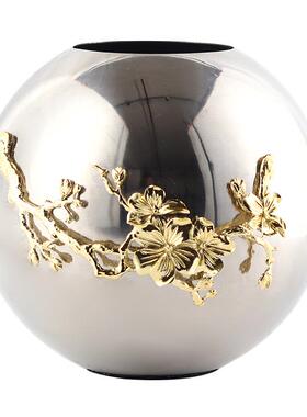 轻奢新中式梅花装饰金属圆球台面花器摆件样板间售楼处花瓶装饰品