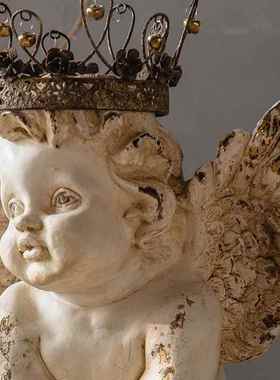 新款直销客厅电视柜白色装饰天使摆件树脂复古做旧可爱人物雕塑雕