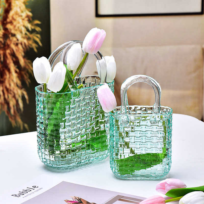 轻奢简约藤编包包玻璃花瓶气泡手提蓝客厅餐桌插花干花水培装饰品,淘宝优惠券,粉丝福利购,淘宝优惠卷