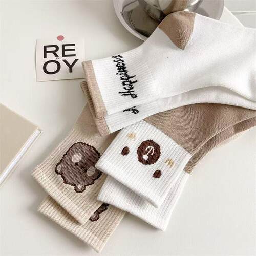 Womens 5 Pairs Colorblock Stripped Star Print Crew Socks - 图0