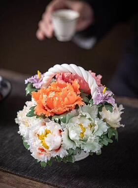 德化陶瓷手捏花洛阳牡丹彷真花瓷篮子乔迁送礼开 业摆件电视柜装