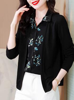 韩国拼接针织长袖T恤女2025春秋新款时尚印花假两件设计感上衣潮-