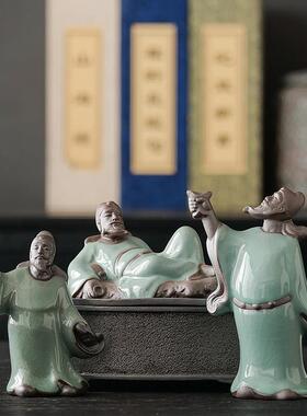 新中式李白对酒当歌哥窑开 片精品可养创意人物茶宠茶玩摆件装饰