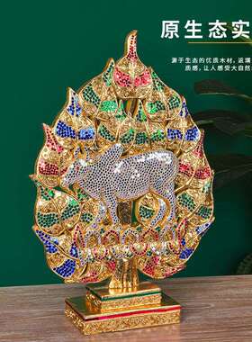 泰国木雕生肖牛工艺品泰式客厅装饰品东南亚风格餐厅菩提叶摆件