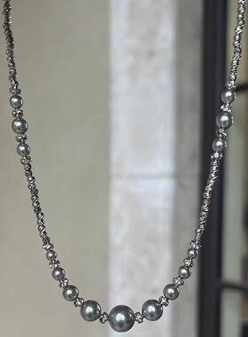 跨境热销真多麻灰色水晶珍珠项链女轻奢精致时尚锁骨链高级感颈链