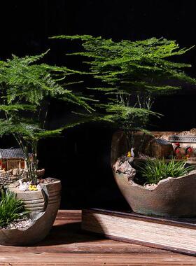 中式摆件建筑创意玄关客厅饰品博古架茶几微景观文竹盆栽家居装饰