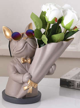 现代创意法斗犬花瓶摆件轻奢风客厅角几边几玄关干花插花家居摆设