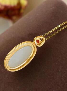 纯银镶嵌天然椭圆白石吊坠项链大气吉祥如意简约古风气质饰品