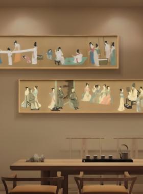 簪花仕女画新中式茶室挂画唐代国画客厅装饰画古画卧室床头壁横画