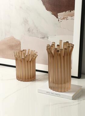 现代极简抽象竖条树脂干花瓶别墅玄关客厅插花高级感创意软装摆件