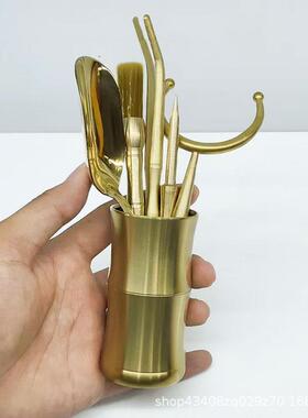 黄铜茶道六君子铜茶夹功夫茶具配件套装茶刀茶勺养壶笔厂家