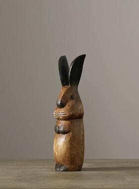 迦乐 美式乡村 Pattaya手工原木雕刻 长耳兔造型桌面摆件