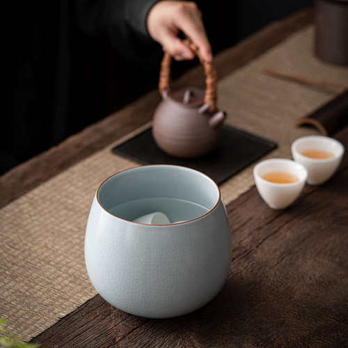 9WOR陶瓷汝窑水盂茶洗建水茶水缸哥窑茶桶家用复古功夫茶渣缸功夫 - 图1