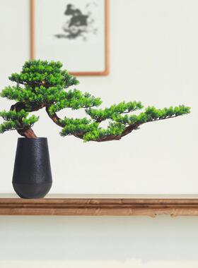 仿真迎客松盆景摆件崖柏根雕工艺品木质创意家居玄关摆件软装饰品