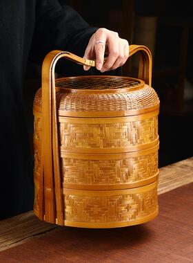 手工竹编提篮复古食盒多层送餐篮果篮收纳筐竹编野餐篮茶具收纳盒