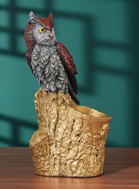 猫头鹰笔筒摆件桌面装饰品书房客厅书桌铜笔筒彩铜工艺品生日送礼