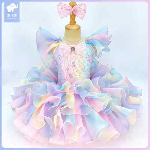 正品演儿童蓬蓬裙女童洛丽公主裙出服可爱彩虹纱礼服塔汇演合唱表 - 图2